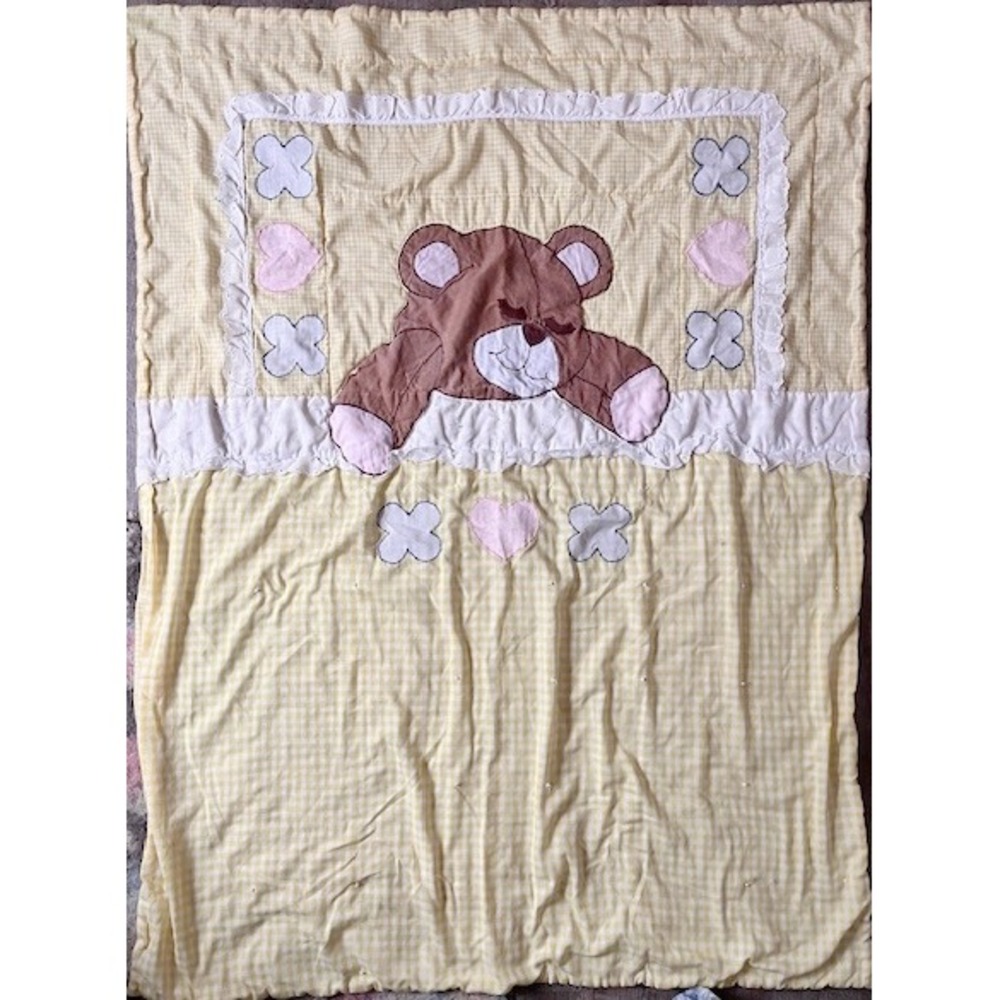 Vintage Teddy Bear‎ sleeping yellow gingham blanket